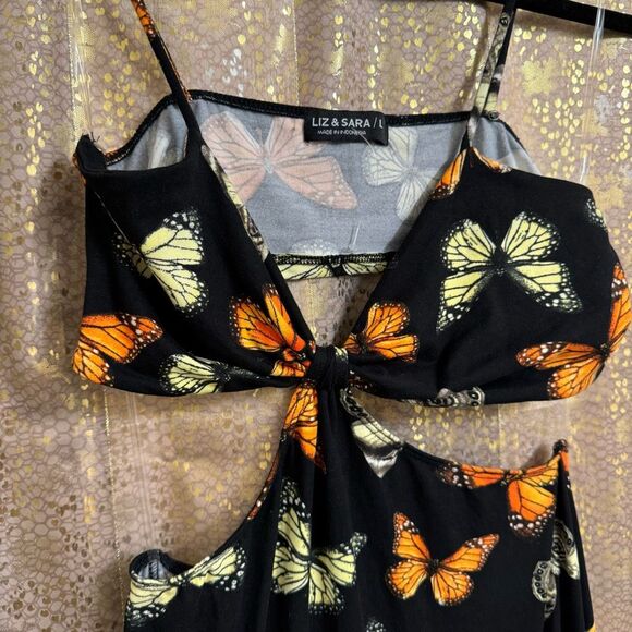 Liz & Sara Black Orange Butterfly Cut Out Stretchy Maxi Dress NWT - Picture 2 of 10